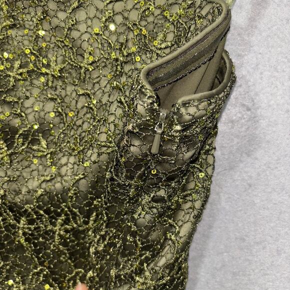 Adrianna Papell One Shoulder Dress Olive Green Lace Sequin Formal Gown Size 2 - Picture 8 of 9